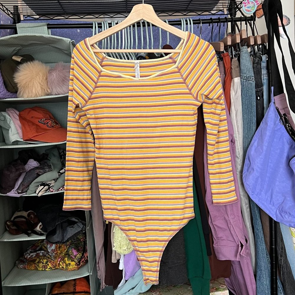 Free People Intimately – Striped Rib Knit Bodysuit – Yellow and Purple